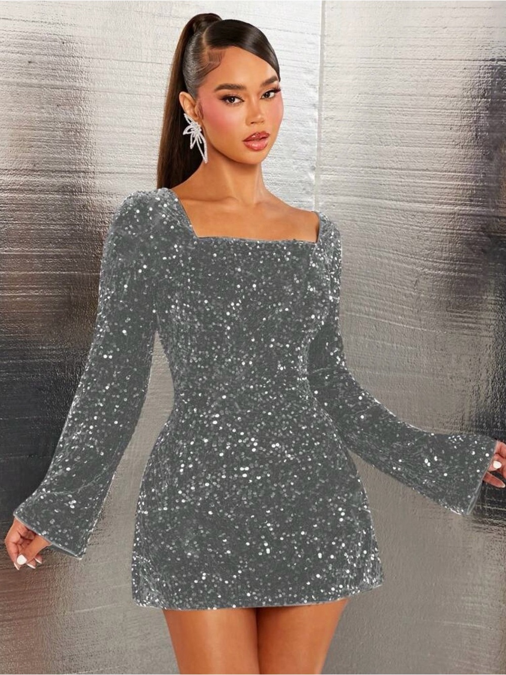 SHEIN Silver Sequin Square Neck Long Sleeve Mini Dress